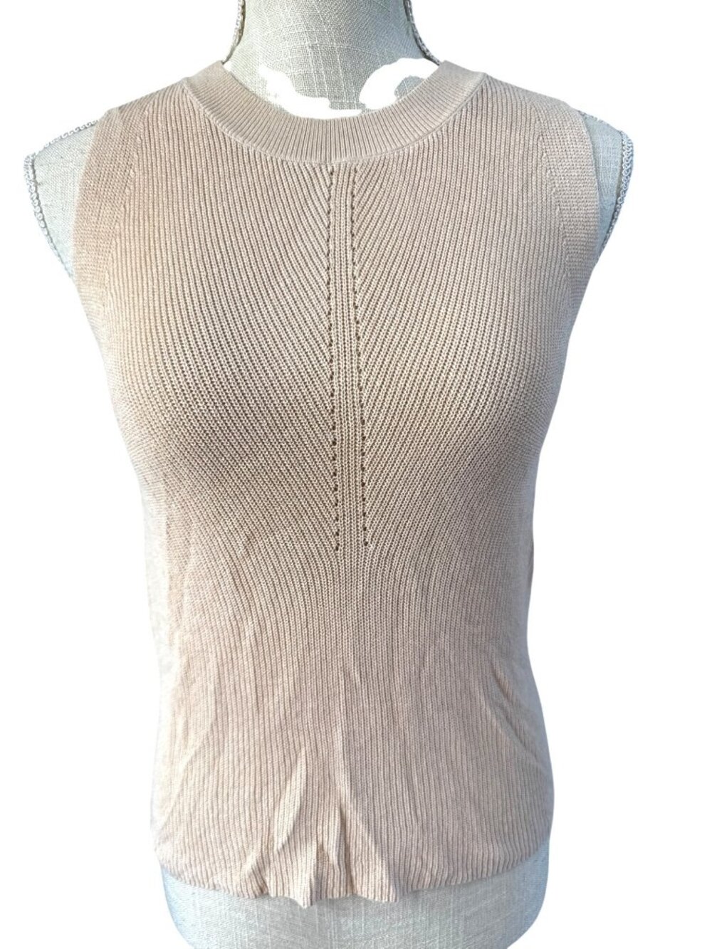 Sleeveless Beige Knit Top With Back Tie Detail - Beige - Womens Fashion M